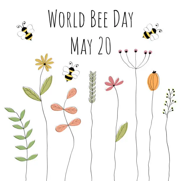 Vector illustration of World Bee Day May 20th. A day for species protection of bees. Poster with lovely drawn bees and flowers.