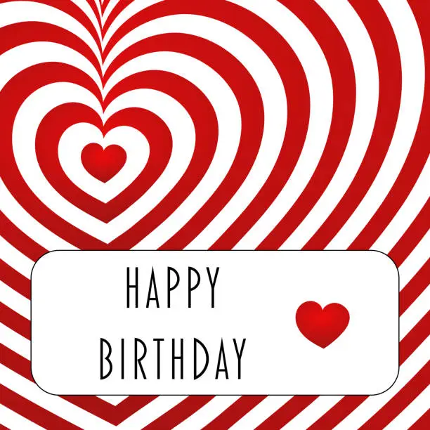 Vector illustration of Happy Birthday. Congratulations card with a red and white striped heart.