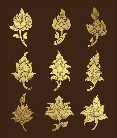 Set gold flowers asian style buddhism temple element and background pattern decoration motifs for ceiling pattern, flyers, poster, web, banner, and card concept vector illustration