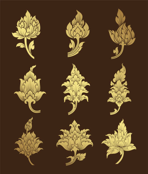 Set gold flowers asian style buddhism temple element decoration Set gold flowers asian style buddhism temple element and background pattern decoration motifs for ceiling pattern, flyers, poster, web, banner, and card concept vector illustration pics of restaurant ceiling design stock illustrations