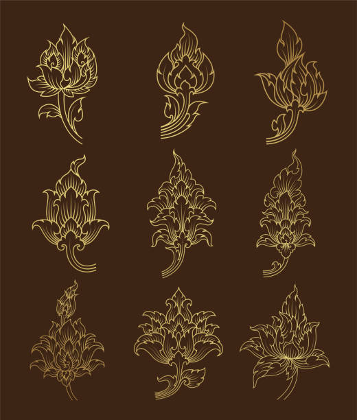 Set gold flowers asian style buddhism temple element decoration Set gold flowers asian style buddhism temple element and background pattern decoration motifs for ceiling pattern, flyers, poster, web, banner, and card concept vector illustration pics of restaurant ceiling design stock illustrations