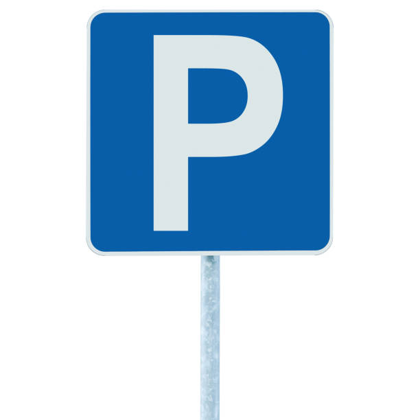 istock Parking lot place spot, square blue road sign, grey pole post, white letter P icon symbol, isolated large detailed vertical closeup 1487528552