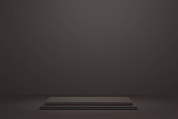istock 3D illustration. Mockup podium, geometrical abstract composition for products or advertising on dark background. 3d rendering 1487528812