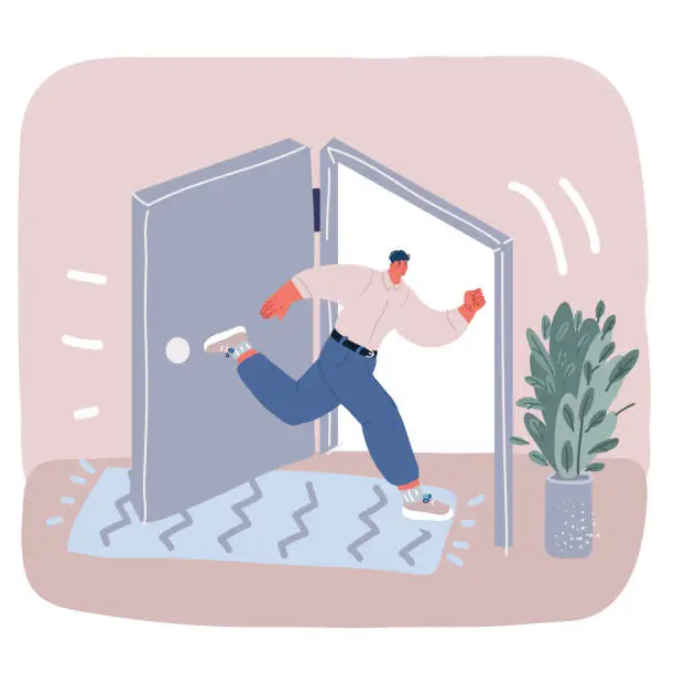 Vector illustration of Vector illustration of Turning point in your life. Man run away through the door