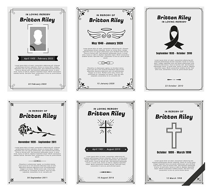 Funeral memorial and invitation card monochrome black and white design template set vector illustration. Commemoration dead letter border ribbon place for photo rose cross angel wings remembrance text