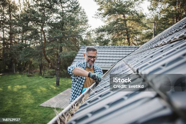 Man Cleaning Leaves From Guttering Of House Stock Photo - Download Image Now - Roof Gutter, Cleaning, Clean