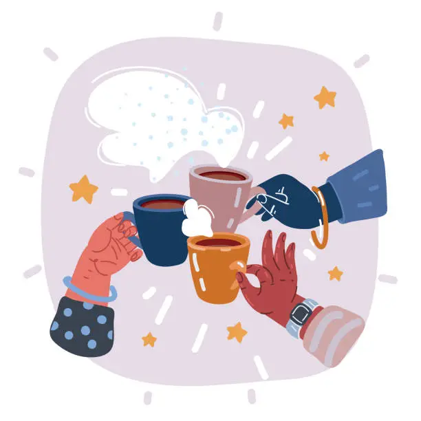 Vector illustration of Vector illustration of three person hold cups of coffee and tea and get together for tea party