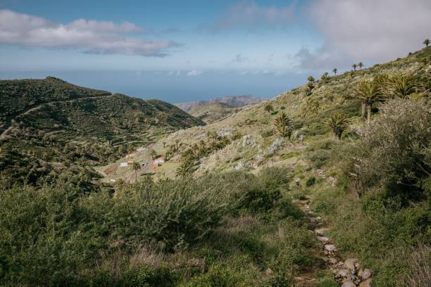 istock Lush green landscape featuring steep hills, rocky terrain and trees 1487533132