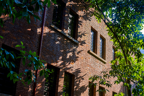 Old-fashioned red-brick houses in the woods