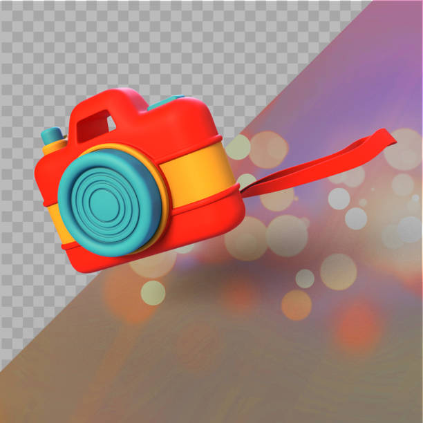 istock Red camera toys flying on transparent. 1487533244