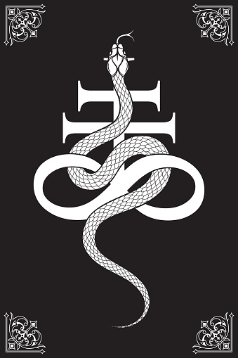 Serpent over the Leviathan Cross alchemical symbol of sulphur line art and dot work. Boho chic tattoo, poster, tapestry or altar veil print design vector illustration.