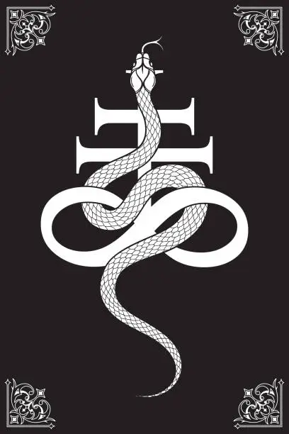 Vector illustration of Serpent over the Leviathan Cross alchemical symbol of sulphur line art and dot work. Boho chic tattoo, poster, tapestry or altar veil print design vector illustration