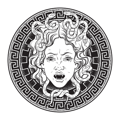 Medusa Gorgon head on a shield hand drawn line art and dot work tattoo or print design isolated vector illustration. Gorgoneion is a protective amulet