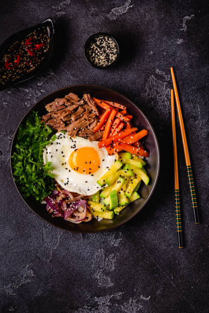 Traditional Korean dish Bibimbap: rice with vegetables beef and egg.