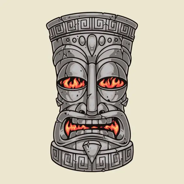 Vector illustration of Evil tiki mask label colorful