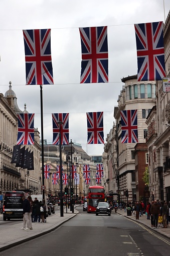 Oxford Street - London - United Kingdom - May 01, 2023.\nUK flags installed on Oxford Street ahead of coronation.