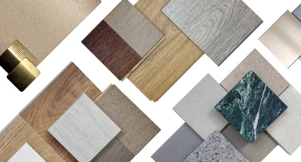 istock home interior material samples selection contains brushed stainless, metallic laminated, wooden vinyl flooring tiles, laminated tiles, marble stone, stone tiles placed on white background. 1487540617