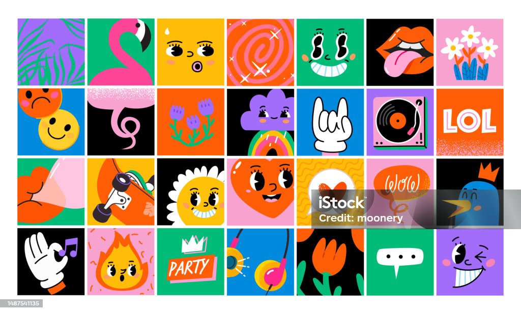 Cartoon Sticker Exaggerated Features Funny Cartoon Characters And Elements Sticker Pack Square Posters ...