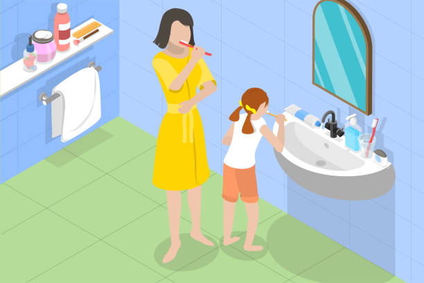 3D Isometric Flat Vector Conceptual Illustration of Dental Care And Hygiene 3D Isometric Flat Vector Conceptual Illustration of Dental Care And Hygiene, Brushing Teeth Together black man brushing teeth stock illustrations