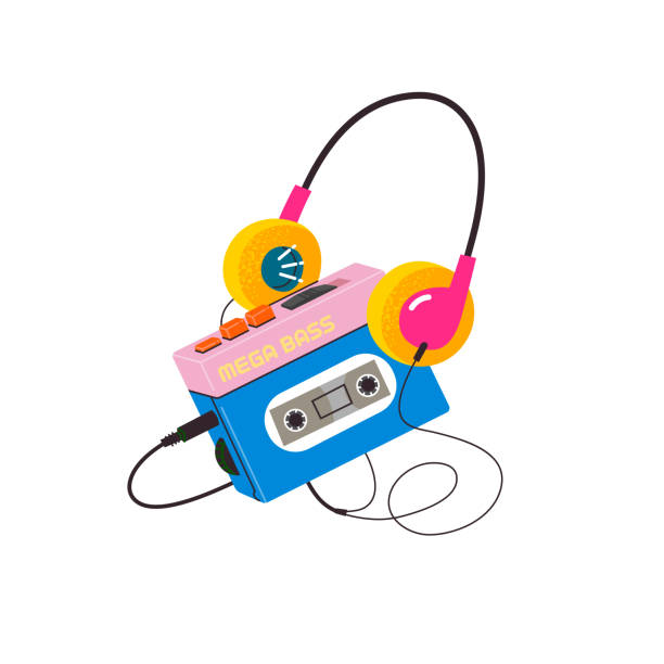 ilustrações, clipart, desenhos animados e ícones de toca-fitas de rádio. retro vintage dispositivo de música de áudio portátil anos 1980. fones de ouvido ou fones de ouvido intra-auriculares conectados. imagem vetorial isolada em cores vibrantes da moda. vibes nostálgicas. - personal cassette player