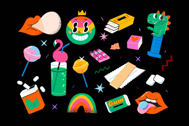 Abstract funny cute characters and elements from comics. Large set of colorful vector isolated illustrations. Cartoon style.  Poster cards and logo templates. Sugar intoxication and gums Abstract funny cute characters and elements from comics. Large set of colorful vector isolated illustrations. Cartoon style.  Poster cards and logo templates. Sugar intoxication and gums candy in mouth stock illustrations