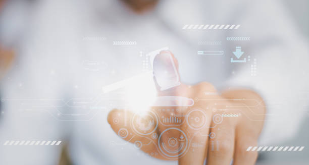 istock Businessman using finger touch hammer icon,futuristic line network, concept bid winner highest bidder in final lift,public sale property auctioned business competition,e-auction and online bidding 1487543878