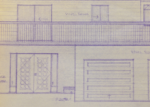 Closeup of generic, retro residential home blueprints from the early 1980s.