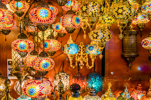 Amazing traditional handmade Turkish lamps and lanterns  in the souvenir shop in Grand Bazaar, Istanbul