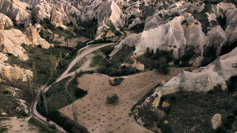 Beautiful mountains of Cappadocia Rose Valley. Aerial drone video background