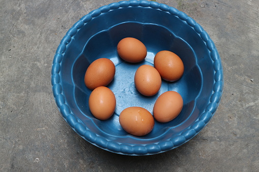 Seven eggs in a blue container on a grey background