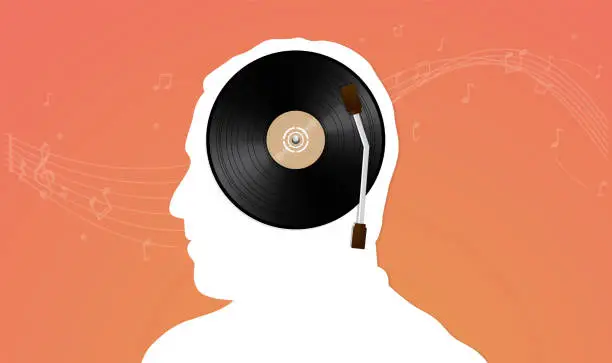 Vector illustration of Man with vintage record over his head