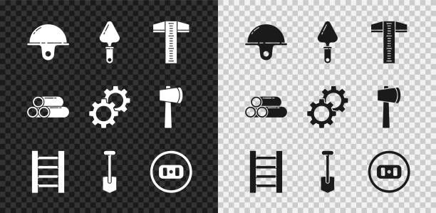 ilustrações de stock, clip art, desenhos animados e ícones de set worker safety helmet, trowel, t-square line, wooden staircase, shovel, electrical outlet, industry metallic pipe and gear icon. vector - letter t