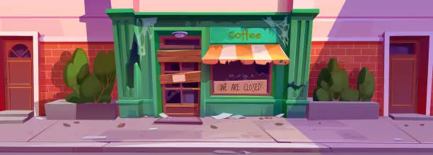 Vector illustration of Abandoned vintage cafe exterior with torn tent