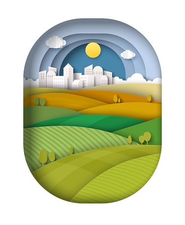 istock Panorama view on green field over cityscape skyline paper cut craft style 1487551259