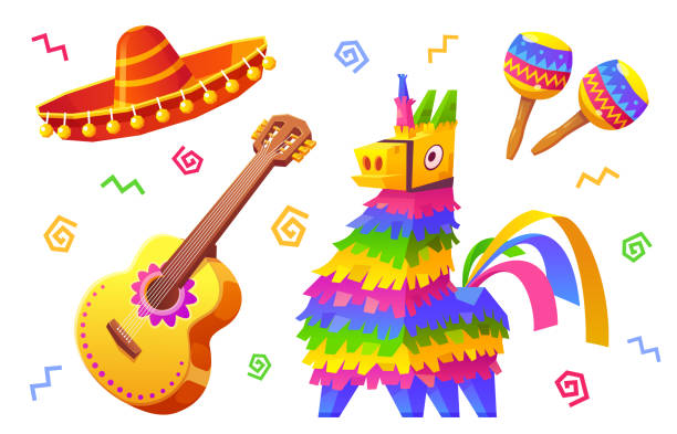 Mexican birthday party vector set with pinata Mexican birthday vector set with pinata and sombrero. Isolated cartoon png collection with carnival hat, guitar, maracas and unicorn on white background. Fiesta symbol in Mexico for party decoration. pinata clipart stock illustrations