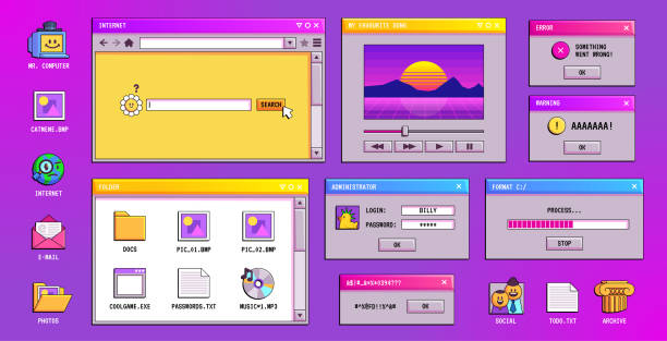 Retro y2k vaporwave window screen of 90s desktop Retro y2k vaporwave window screen of 90s computer with psychedelic interface vector background. Search bar, browser and music player design for desktop with error and warning notification. windows folder icon stock illustrations
