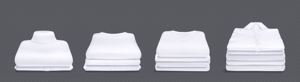 Realistic clean clothes stack with shadow vector Realistic isolated clean clothes stack with shadow vector for mockup. Pile of ironed and neatly folded cotton cloth after laundry. 3d clipart for wardrobe shelf in png on transparent background. folded sweater stock illustrations