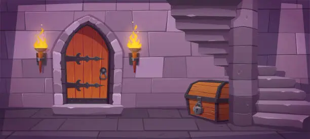 Vector illustration of Dungeon door in medieval castle with wood chest