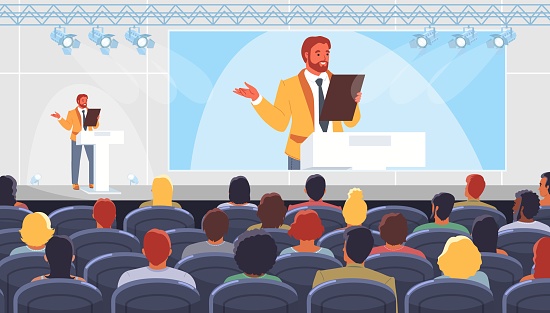 Confident man speaker talking before audience at business conference vector illustration. Successful businessman character, teacher giving speech on stage at international forum