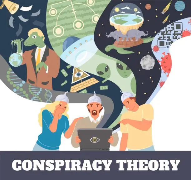 Vector illustration of Conspiracy theory poster with people characters spreading fake information