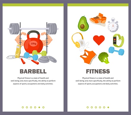 Barbell and fitness concept for mobile application website banner template. Sport equipment for bodybuilding, weightlifting,training workout vector illustration