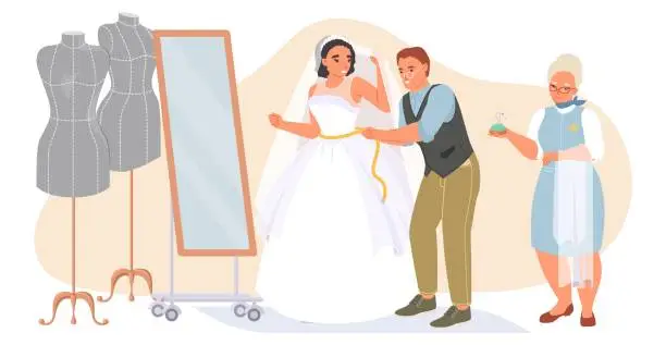 Vector illustration of Tailor master taking measurement of bride for wedding dress