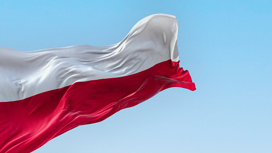 The national flag of Poland waving in the wind on a clear day. Two horizontal stripes of equal width: white on top and red on the bottom. 3d illustration render. Rippling textile