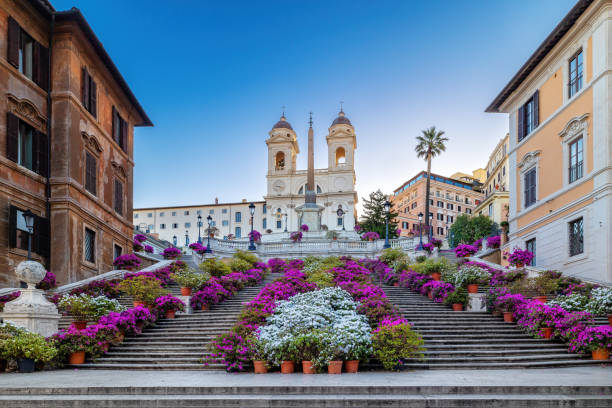 Spanish Steps in the morning with azaleas in Rome, Italy. stock photo