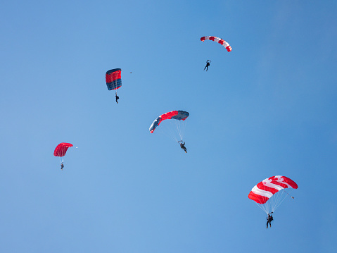 Skydiver with open chute at the blue sky on sunny day