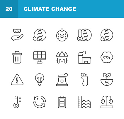 20 Climate Change Outline Icons. Atom, Battery, Bike, Business, Carbon, Carbon Footprint, Climate, Climate Change, CO2, Earth, Ecology, Energy, Environment, Factory, Fire, Footprint, Garbage Can, Global Warming, Globe, Iceberg, Industry, Landscape, Melting, Nature, Nuclear Energy, Outdoors, Planet, Plant, Plastic, Polar Bear, Politics, Pollution, Recycle, Recycling, Sea, Solar Energy, Summer, Sun, Sustainability, Temperature, Tree, Volcano, Warning, Water, Wind Power, Windmill.
