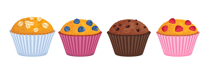 Set of different muffins isolated on white background. Chocolate, raspberry, blueberry and oatmeal cake. Vector cartoon illustration of fresh sweet pastries.