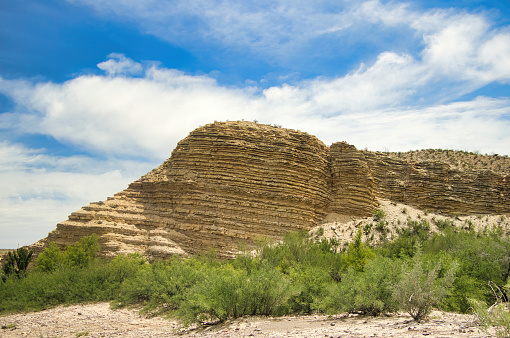 Under a partly cloudy blue sky in late April, the view of a layered rock formation along a hiking trail at Big Bend National Park in Brewster County, TX.