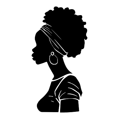 Black woman with afro hair style in silhouette. Vector illustration. Side view of African American woman with natural curly hair and earrings.
