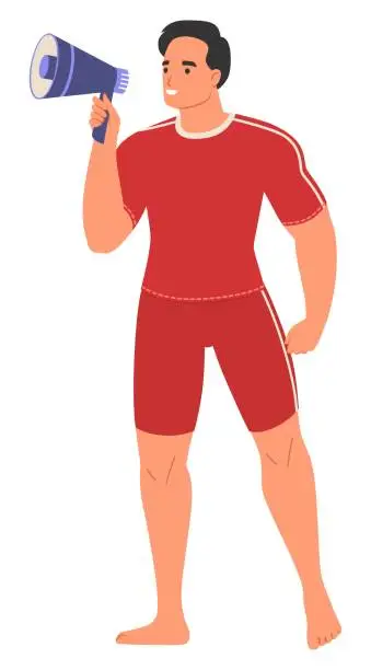 Vector illustration of Man beach lifeguard wearing red swimsuit speaking in megaphone